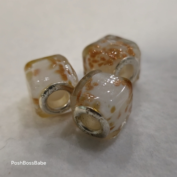 Set of 3 White Gold Murano Glass Square European Beads 925 Sterling Silver Core - Picture 3 of 7